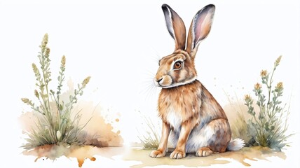 Obraz premium Watercolor Long Ear Hare In Natural State Sitting Front View Concept