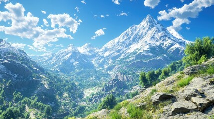 Obraz premium Majestic snow-covered mountain range under a vibrant blue sky dotted with clouds