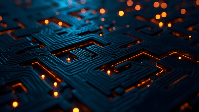 Multi-layered 3D circuit maze with glowing blue traces, futuristic chip architecture, depth-enhanced tech texture.