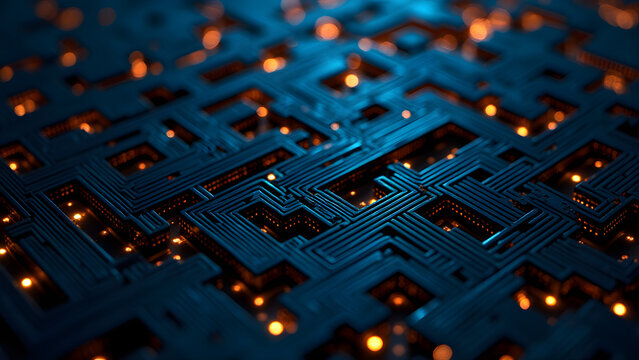Multi-layered 3D circuit maze with glowing blue traces, futuristic chip architecture, depth-enhanced tech texture.
