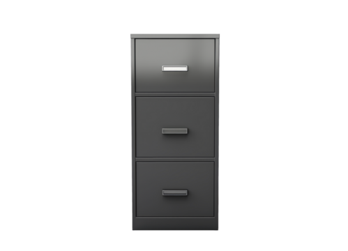 dark metal office file cabinet isolated on white or transparent png