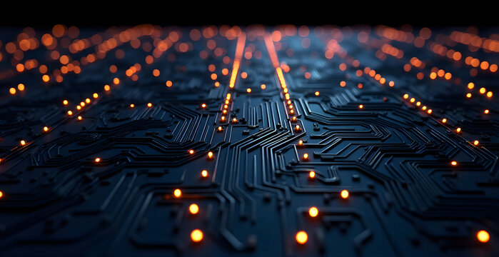 Multi-layered 3D circuit maze with glowing blue traces, futuristic chip architecture, depth-enhanced tech texture.