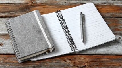white wooden desk with notebook and pen, copy space.