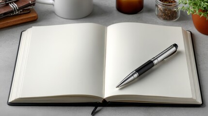 close up of white wooden desk with notebook and pen copy space.