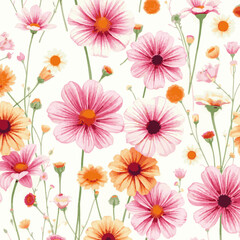 A collection of flowers in various bright colors such as pink, orange, and yellow. The illustration style is soft and neat, making it suitable for fabric patterns or wallpaper.

