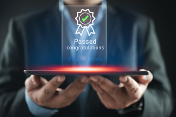 Businessman show a certified document, ensuring standard quality control and product quality...