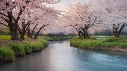 "Cherry blossom trees in full bloom along a riverbank, gentle breeze, pastel color tones, dreamy atmosphere"



