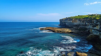 Coastal Serenity: Cliffs and Azure Waters Under Clear Blue Skies Landscape