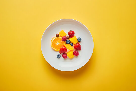Various fruits are arranged on a white plate on a yellow background.
