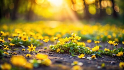 Fototapeta premium delicate yellow flowers scattered on the ground in a field, flowers, natural, flowers, natural, field, greenery