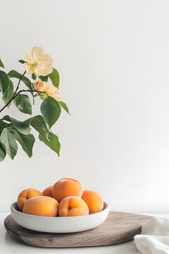 Fresh, ripe apricots and an orange, healthy fruit food closeup on a white table