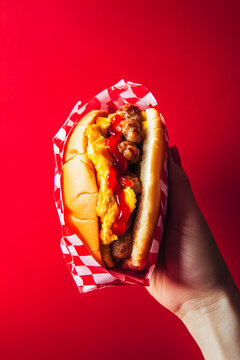 Hot dog with mustard and ketchup served with crispy french fries on a plate