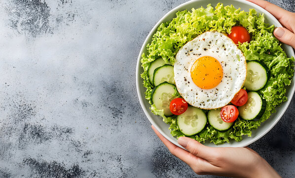 Fresh vegetable salad with cucumber tomato and lettuce on a white plate