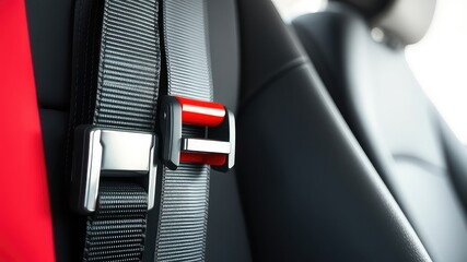 Close-up detail of a modern vehicle's safety restraint system featuring a red and black design element