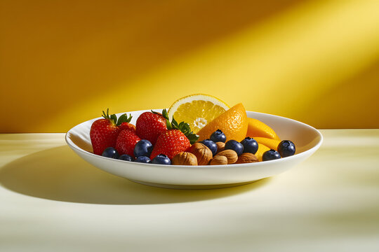 Fresh fruit salad with berries and vegetables in a white bowl on a plate