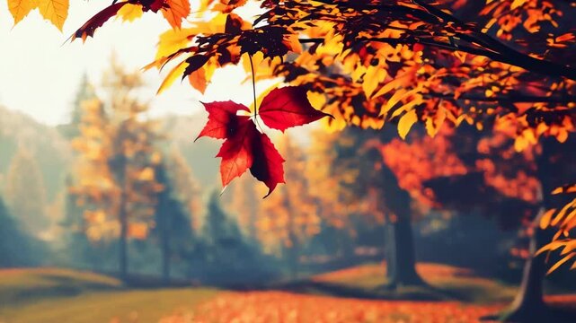 Autumn landscape featuring colorful leaves on trees with red leaf hanging down and a field covered with fallen leaves
