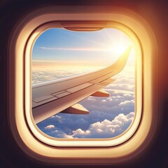 Aerial view of a plane window.  Sunrise over clouds