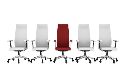 Five office chairs are arranged in a row on a transparent background