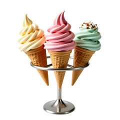 Three vibrantly colored ice cream cones in a metal holder create a visually appealing and tempting dessert presentation