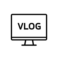 Monitor with VLOG text icon in minimalist style, black and white, vector illustration. Vector icon in a minimalist style. Simple vector illustration.