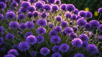 Naklejka premium Vibrant Purple Flower Field in Sunset Light A Close-Up View of Blooming Blossoms