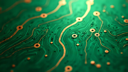 Flowing river-like circuit traces on flexible green PCB, organic RF technology texture with natural curves and highlights.