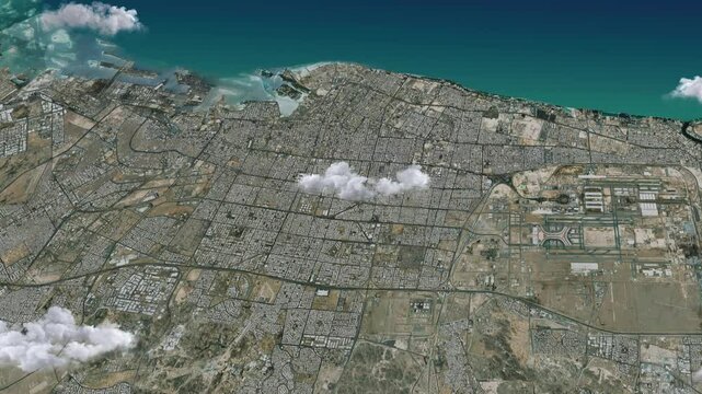 Jeddah 3D Satellite Map Animation with Dynamic Clouds City Overview - No Label City Overview