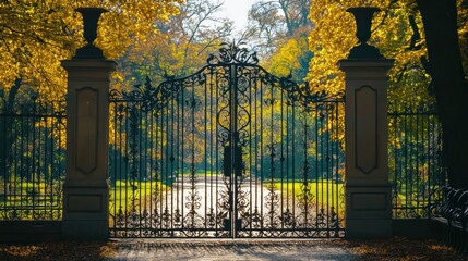 Decorative iron gate at the entrance to a public park, leafy trees behind