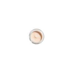 Top-down view of a translucent plastic container filled with light beige powder, creating a simple yet elegant composition