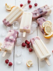 Blueberry and raspberry frozen popsicles with lemon slices.