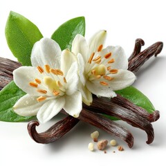 Vanilla flowers and pods isolated on white background.