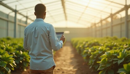 Agricultural Researcher Inspecting Crops in Greenhouse