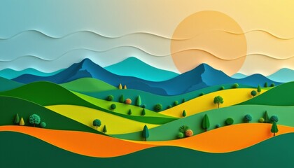 Obraz premium a serene landscape scene depicting rolling hills and valleys, featuring rounded and curved shapes meticulously cut out of paper, layered to create depth and dimension
