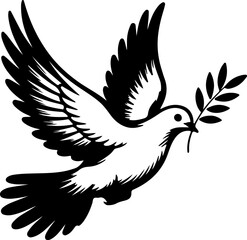 Fototapeta premium A stark black silhouette outlines a dove in graceful flight, its wings spread wide while it carries a detailed olive branch delicately in its beak, symbolizing peace.