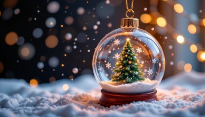 a digitally edited photo showcasing a snow globe ornament with a tiny christmas tree inside, surrounded by swirling snowflakes and twinkling lights.