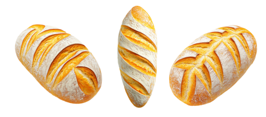 Set of loaf of white bread showing its golden crust and soft interior, isolated on white transparent background.