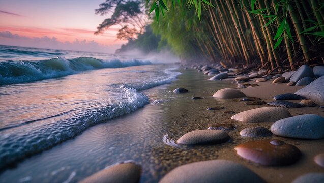 Waves Gently Lapping on a Rocky Beach at Soft Sunset