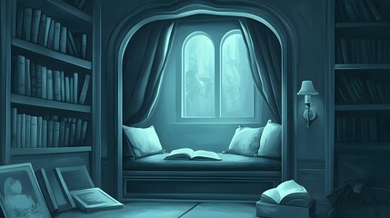 Tranquil, book-filled reading nook with soft teal hues.