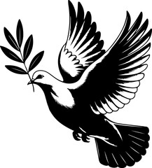 Obraz premium A black and white silhouette depicts a dove in flight, its wings spread gracefully as it carries an olive branch in its beak, universally symbolizing peace and hope.
