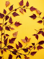 Fototapeta premium Brown leaves on yellow background with woman in background.