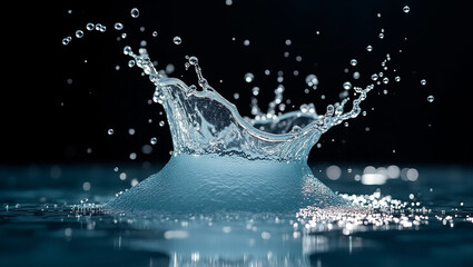 A dynamic splash of water captured mid-air against a solid black background, highlighting each droplet with sharp clarity and creating a powerful sense of motion and elegance.

