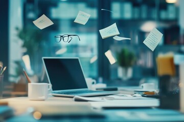 Busy workspace with floating sticky notes