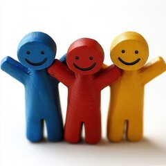 world social media day concept. Colorful wooden figures with smiling faces in a playful pose.