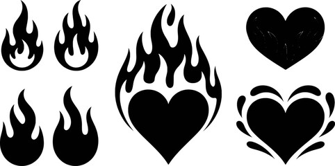 Fiery heart flames tattoo designs set black