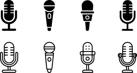 Eight microphone icons set black and white