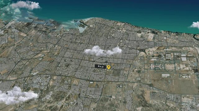 Jeddah 3D Satellite Map Animation with Dynamic Clouds - Arabic Labeled City Overview