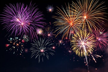 Fototapeta premium Bright colorful fireworks bursting in the night sky, creative festive explosion display on a dark background, concept of celebration and joy, Ai generative
