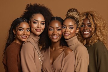 Fototapeta premium Five smiling women in cozy neutral outfits, warm brown background, natural lighting, concept of friendship, unity, and beauty. Ai generative