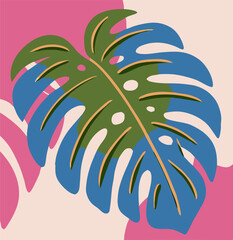 Abstract Monstera Leaf Illustration, Tropical Plant Art, Pink Background
