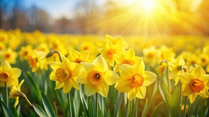 Fototapeta premium A bright yellow daffodil field swaying gently in the warm spring breeze, field, sunshine, field